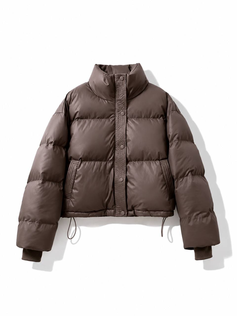 High Neck Puffer Jacket with Zip Front, Side Pockets and Adjustable Hem