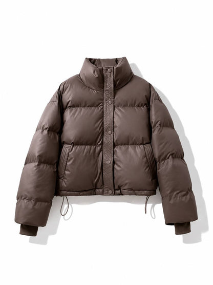 High Neck Puffer Jacket with Zip Front, Side Pockets and Adjustable Hem