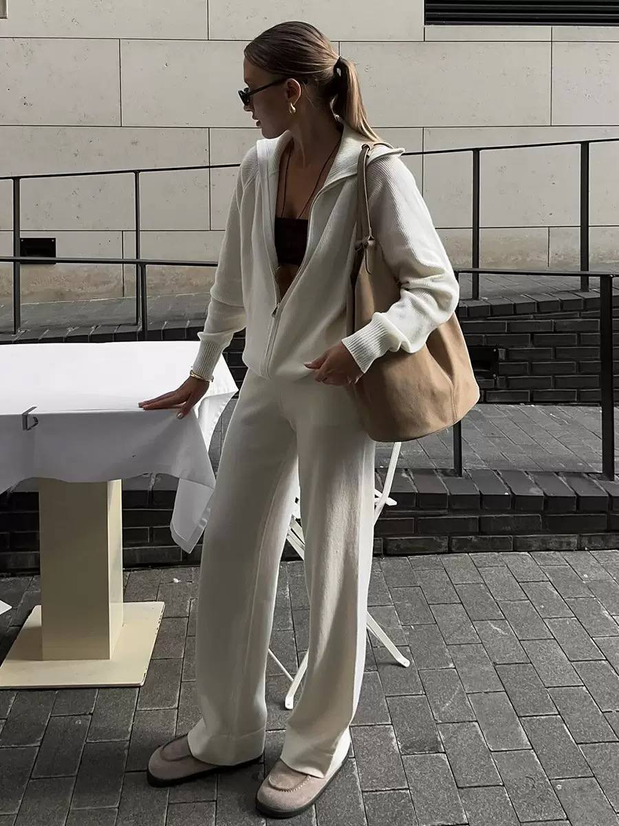 Two-Piece Zip-Up Long Sleeve Lounge Top & Wide-Leg Pants Set