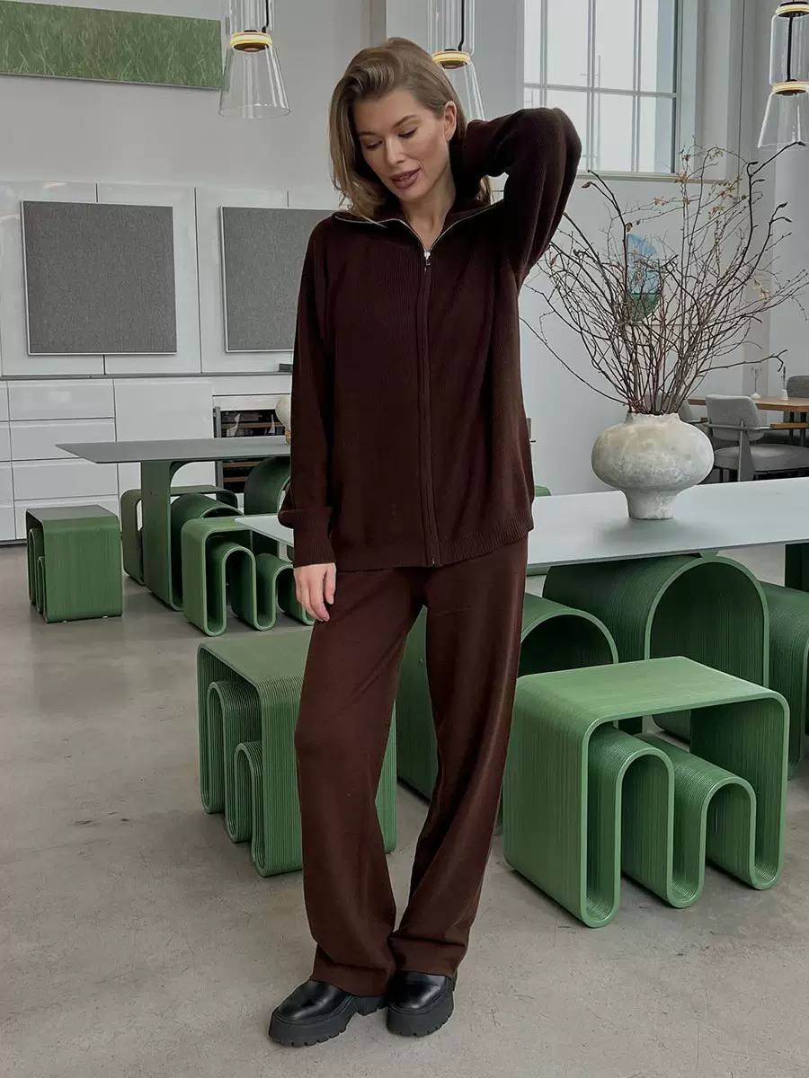 Two-Piece Zip-Up Long Sleeve Lounge Top & Wide-Leg Pants Set