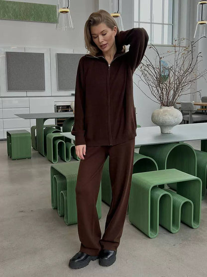 Two-Piece Zip-Up Long Sleeve Lounge Top & Wide-Leg Pants Set