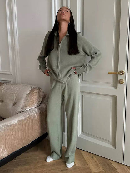 Two-Piece Zip-Up Long Sleeve Lounge Top & Wide-Leg Pants Set