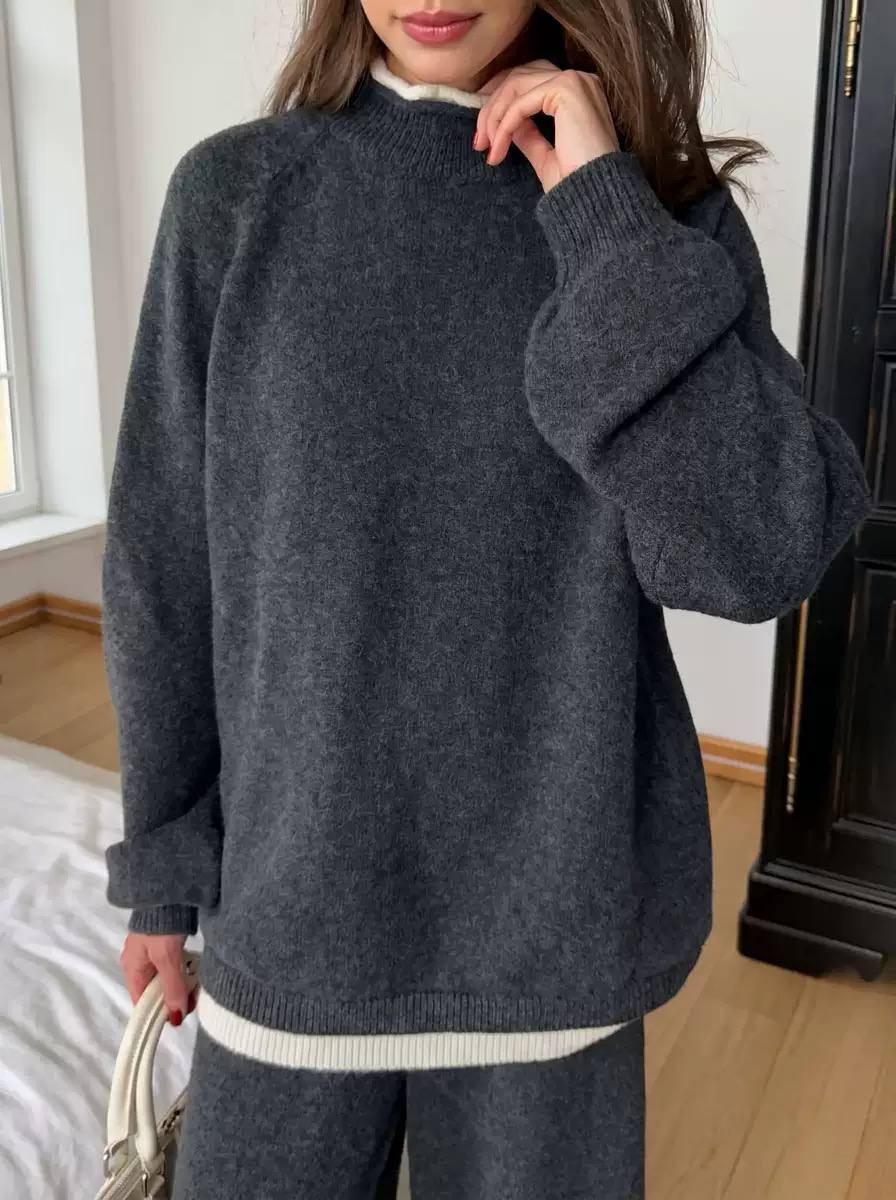 Two-Piece Knitted Crew Neck Long Sleeve Sweater & Wide-Leg Pants Lounge Set