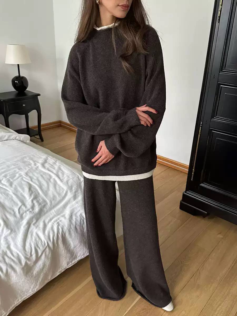 Two-Piece Knitted Crew Neck Long Sleeve Sweater & Wide-Leg Pants Lounge Set
