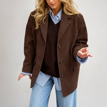Women’s Oversized Suede-Look Blazer | Notched Lapel Relaxed Fit Jacket