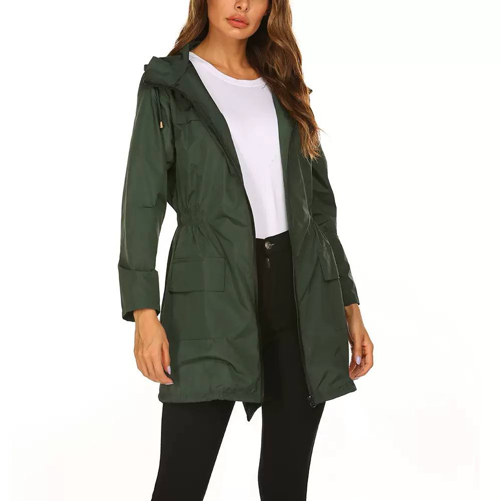 Women’s Hooded Mid-Length Rain Jacket | Drawstring Waist & Zip Front