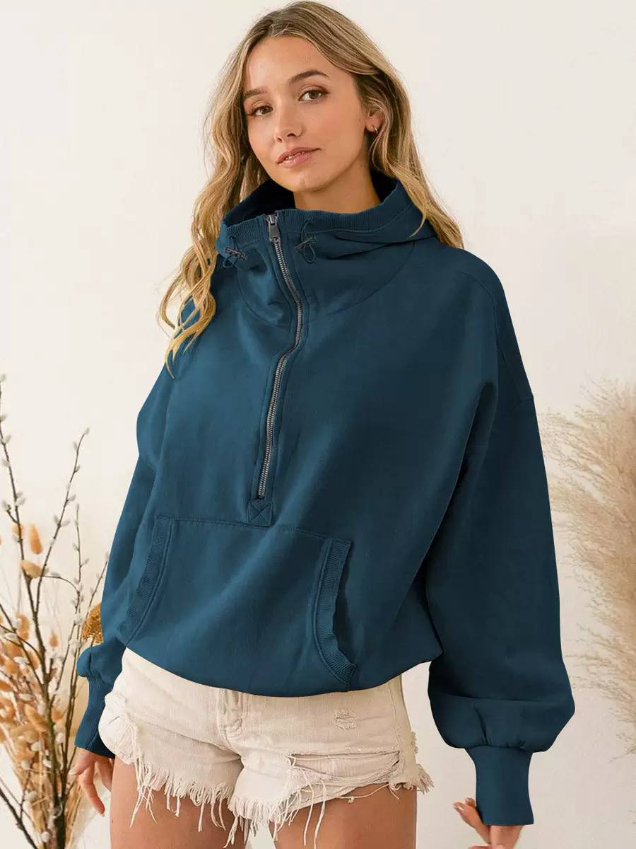 Women’s Oversized Half-Zip Pullover | High Neck Sweatshirt with Kangaroo Pocket