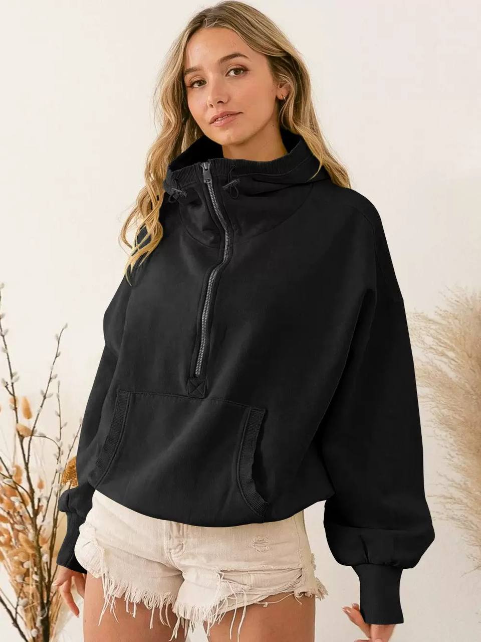 Women’s Oversized Half-Zip Pullover | High Neck Sweatshirt with Kangaroo Pocket