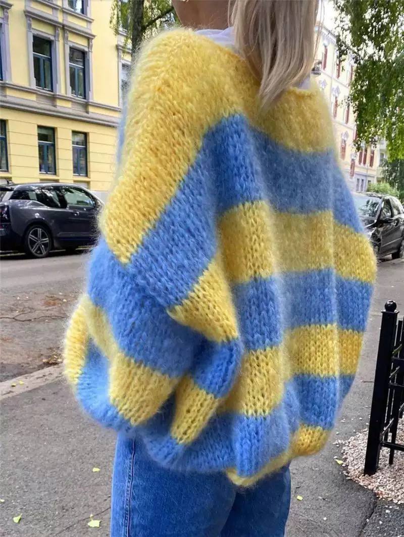 Women’s Oversized Striped Chunky Knit Sweater | Relaxed Crew Neck Jumper