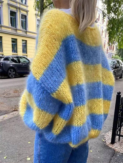 Women’s Oversized Striped Chunky Knit Sweater | Relaxed Crew Neck Jumper