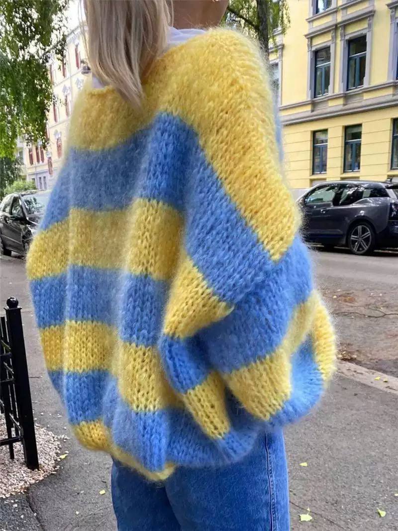 Women’s Oversized Striped Chunky Knit Sweater | Relaxed Crew Neck Jumper