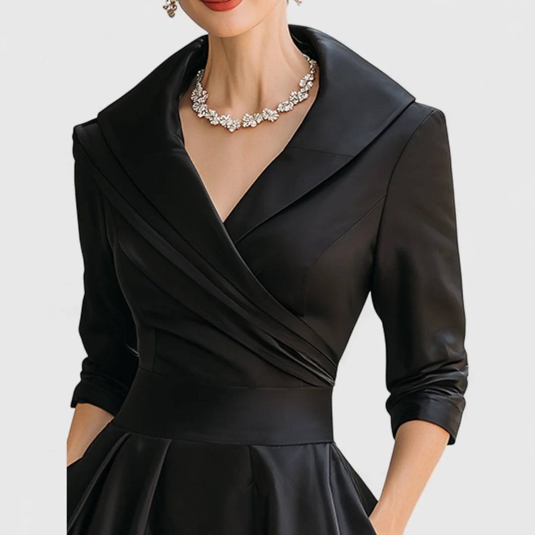 Women’s Shawl Collar Wrap-Front Midi Dress | Elegant Fit-and-Flare Dress