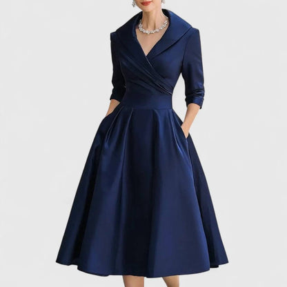 Women’s Shawl Collar Wrap-Front Midi Dress | Elegant Fit-and-Flare Dress
