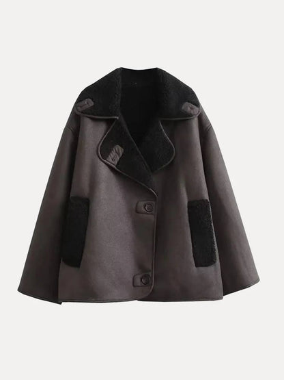 Women’s Oversized Shearling-Lined Jacket with Wide Lapel Collar and Patch Pockets