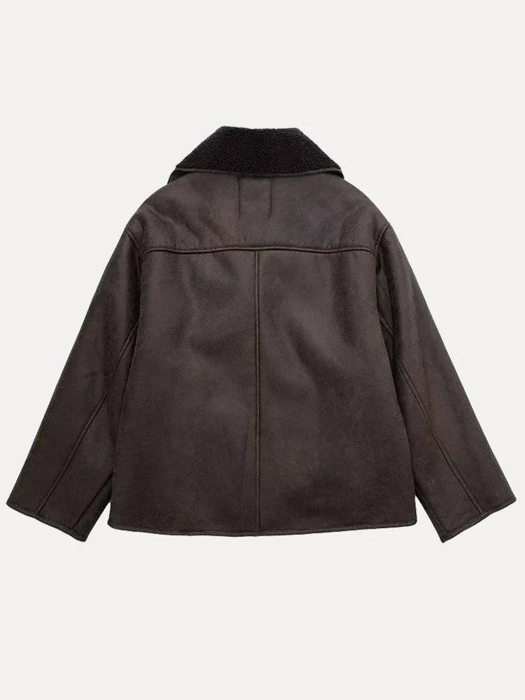 Women’s Oversized Shearling-Lined Jacket with Wide Lapel Collar and Patch Pockets