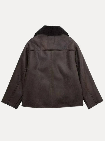 Women’s Oversized Shearling-Lined Jacket with Wide Lapel Collar and Patch Pockets