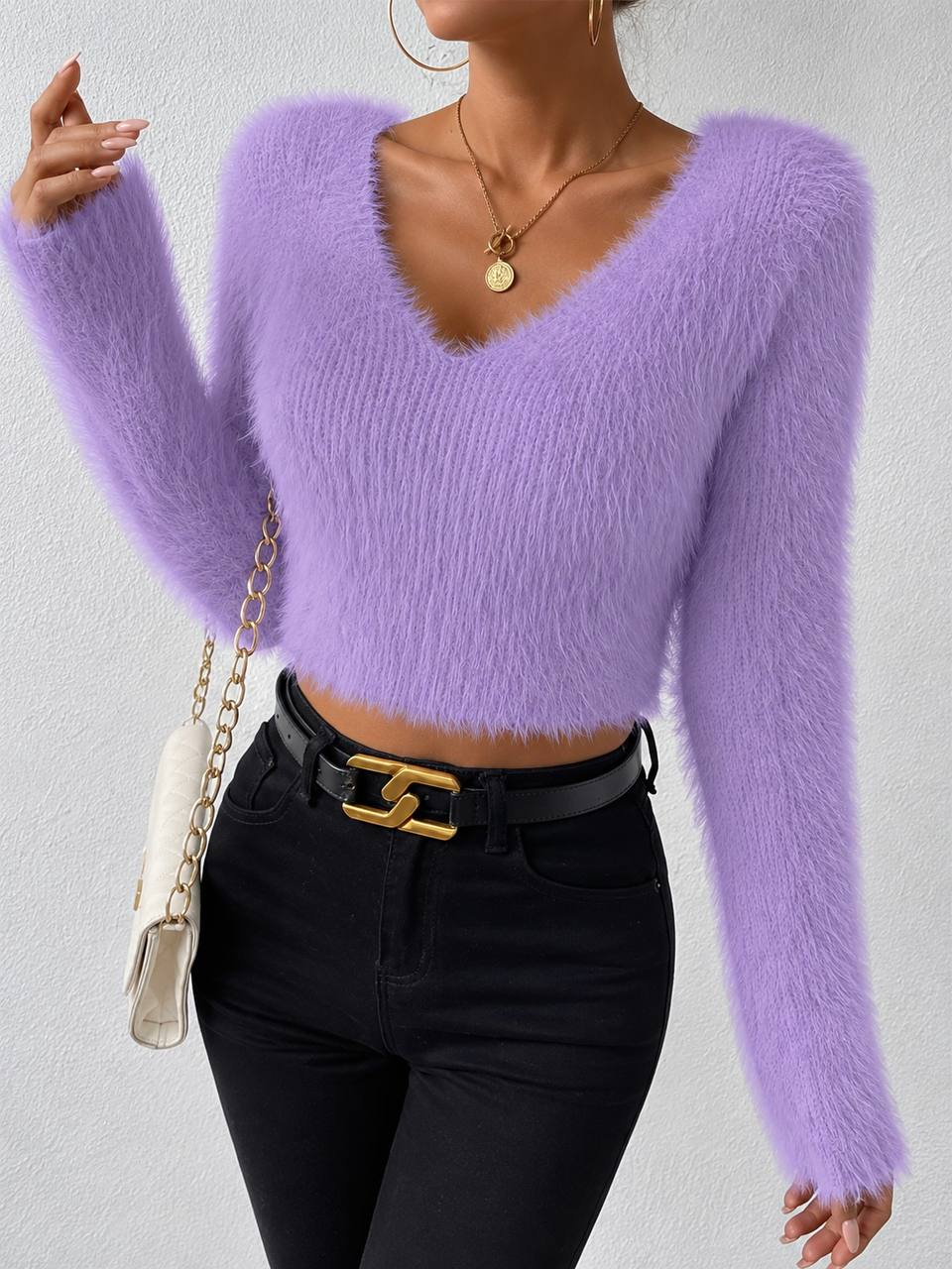 Women’s Fluffy V-Neck Sweater | Cropped Long Sleeve Knit Top