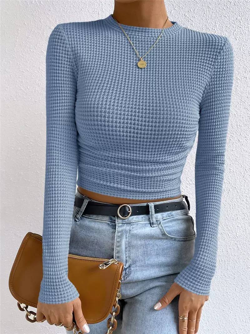 Textured Waffle Knit Long Sleeve Top with Crew Neck and Fitted Silhouette