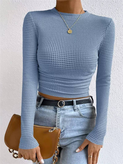 Textured Waffle Knit Long Sleeve Top with Crew Neck and Fitted Silhouette