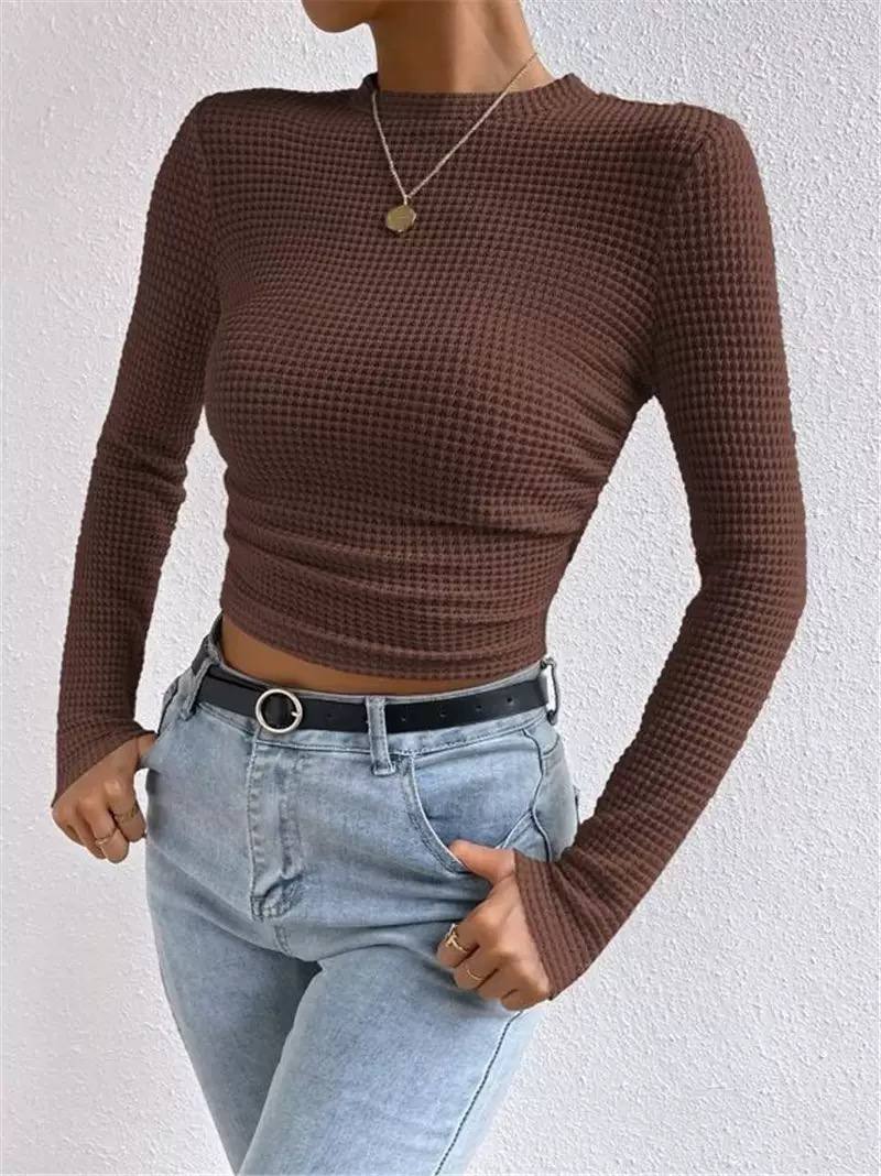 Textured Waffle Knit Long Sleeve Top with Crew Neck and Fitted Silhouette