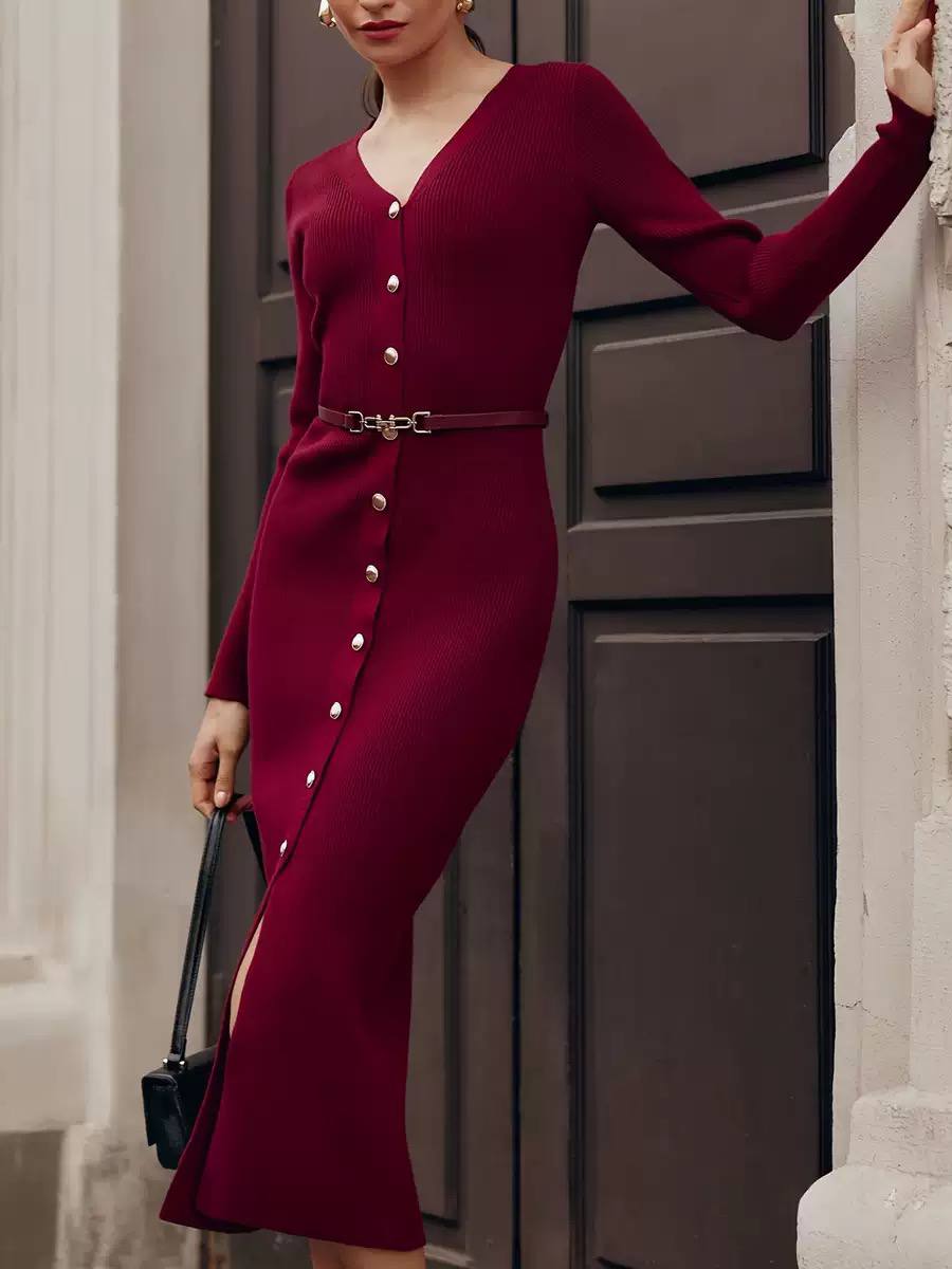 Elegant V-Neck Button Front Belted Knit Midi Dress