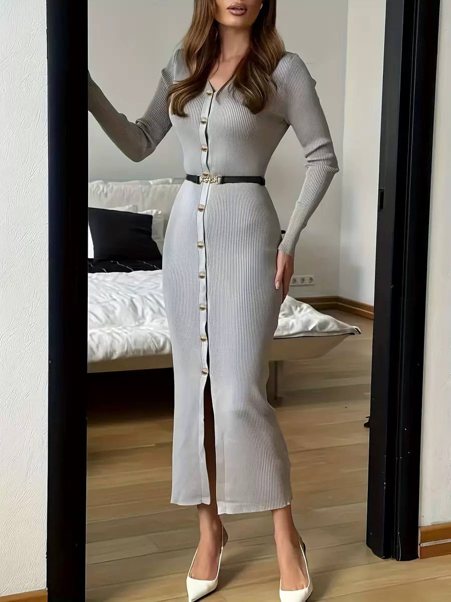 Elegant V-Neck Button Front Belted Knit Midi Dress