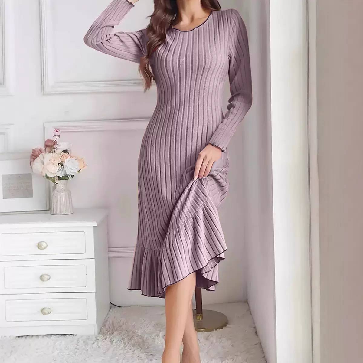 Women’s Elegant Ribbed Knit Long Sleeve Ruffle Hem Midi Dress