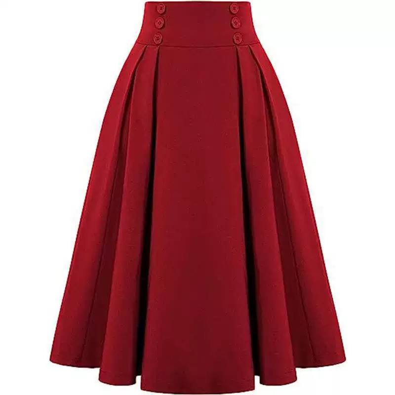 Women’s High-Waisted Pleated A-Line Skirt with Decorative Buttons