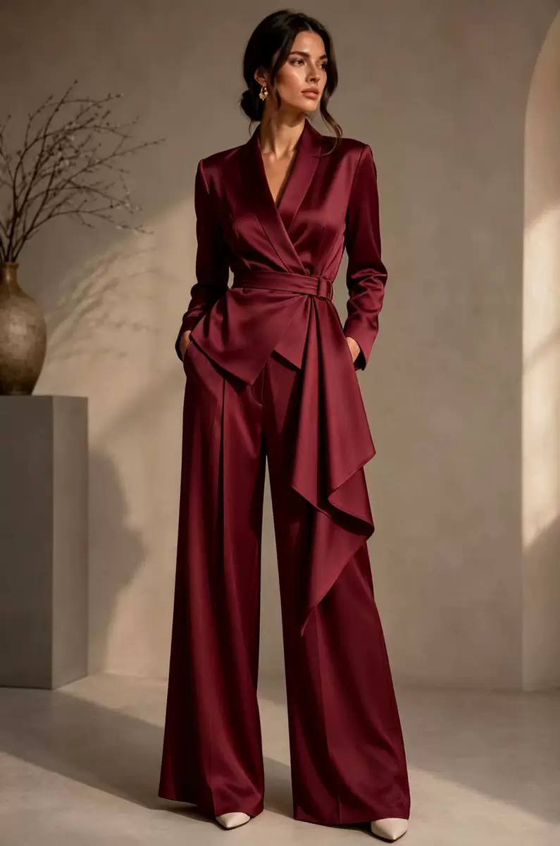 Women’s Elegant Wrap-Front Blazer & Wide-Leg Trousers Set