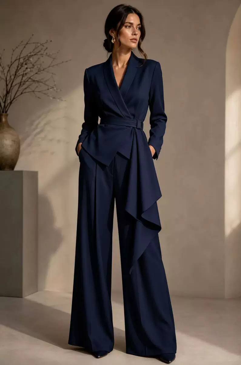 Women’s Elegant Wrap-Front Blazer & Wide-Leg Trousers Set