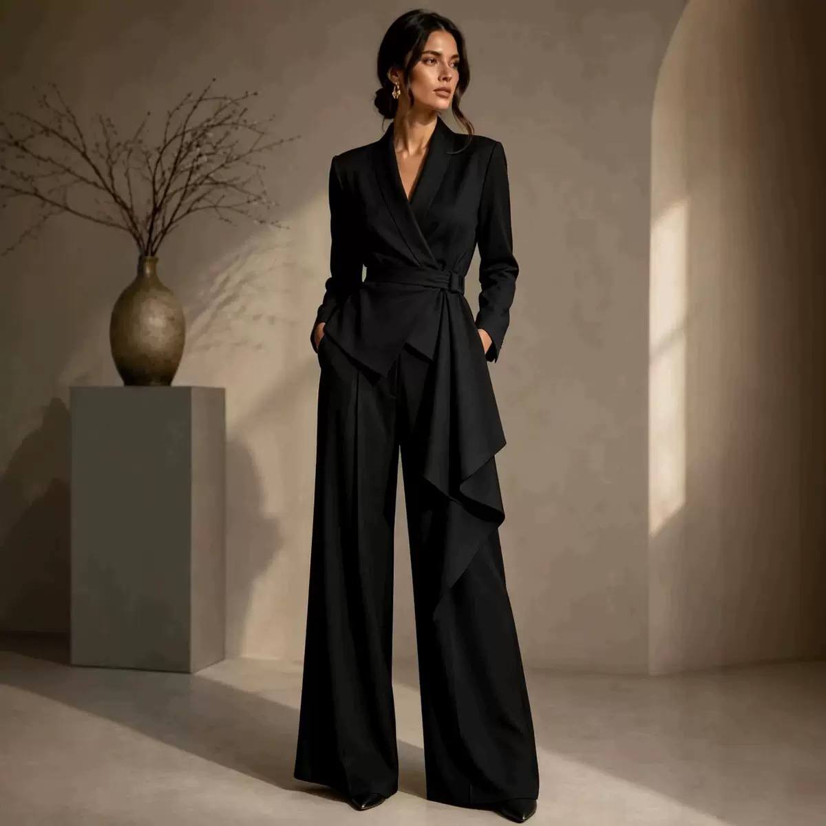 Women’s Elegant Wrap-Front Blazer & Wide-Leg Trousers Set