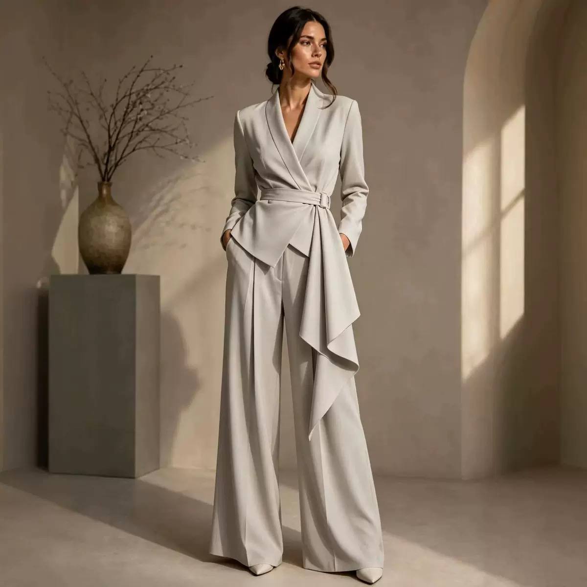 Women’s Elegant Wrap-Front Blazer & Wide-Leg Trousers Set