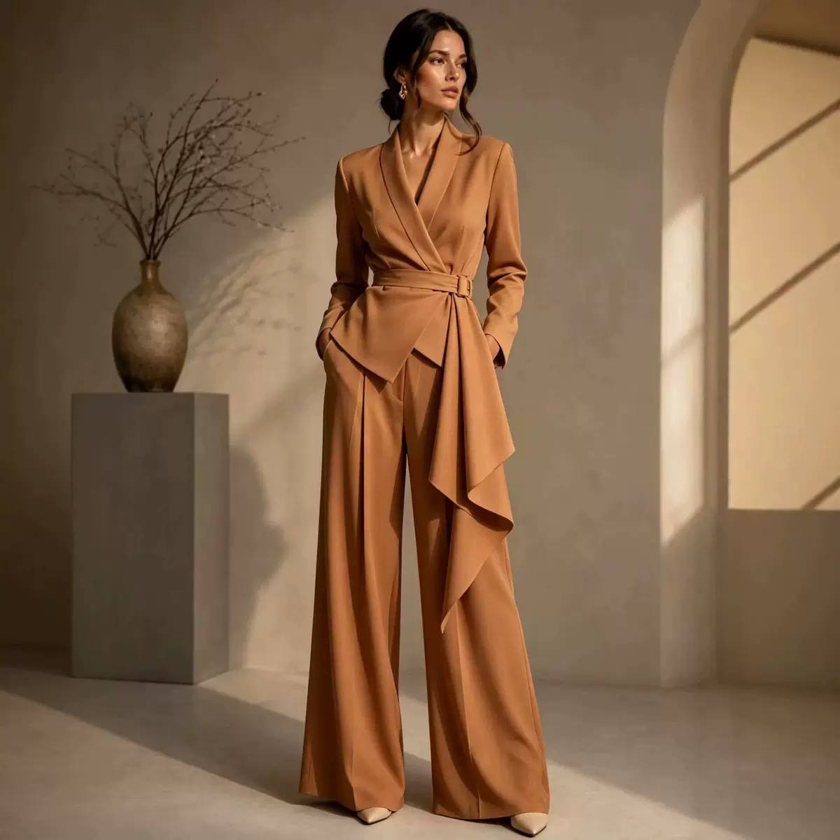 Women’s Elegant Wrap-Front Blazer & Wide-Leg Trousers Set