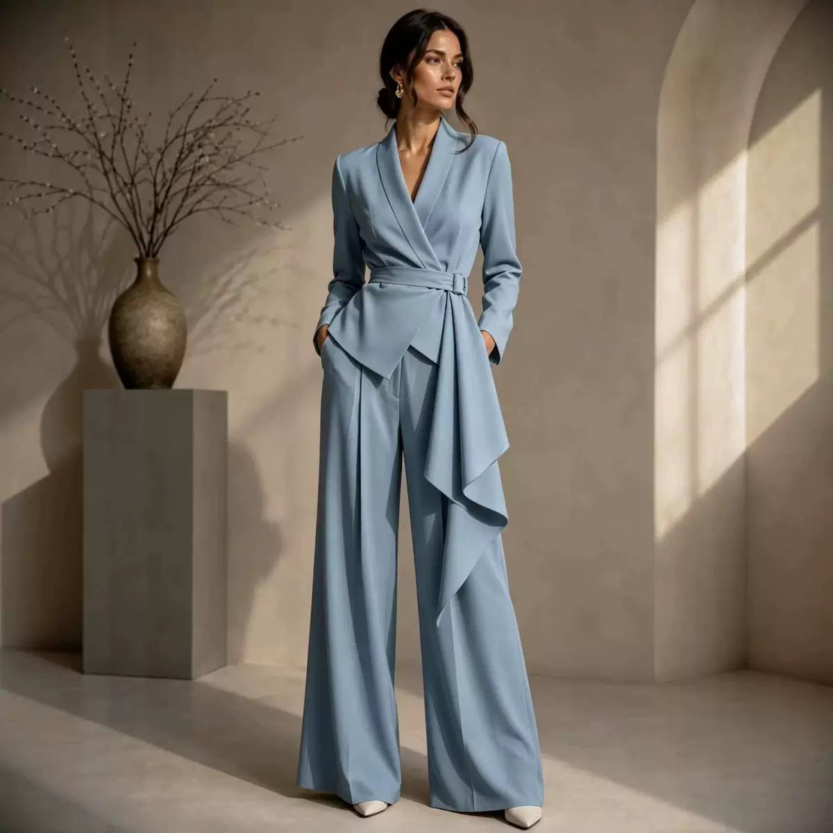Women’s Elegant Wrap-Front Blazer & Wide-Leg Trousers Set