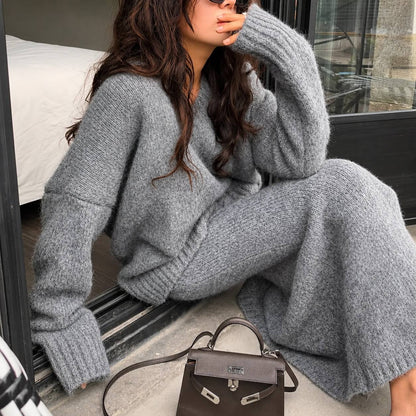 Women’s V-Neck Oversized Knit Sweater and Flared Maxi Skirt Two-Piece Set
