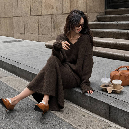 Women’s V-Neck Oversized Knit Sweater and Flared Maxi Skirt Two-Piece Set