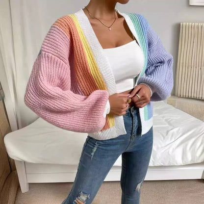 Women’s Chunky Knit Open-Front Cardigan with Balloon Sleeves and Contrast Trim