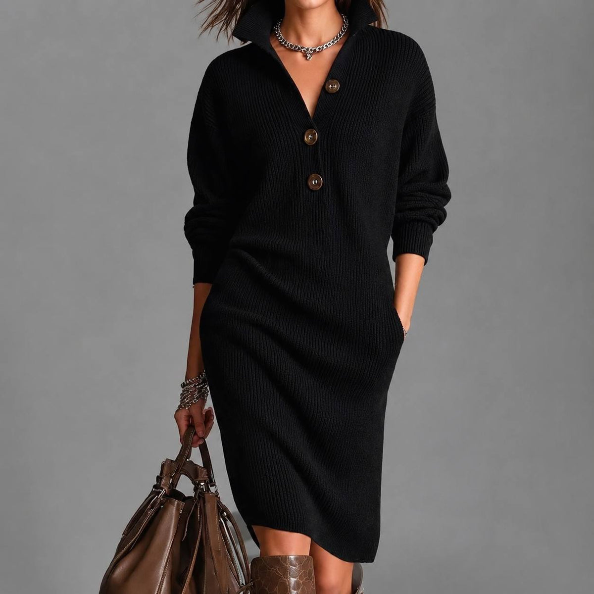 Women’s Ribbed Knit Midi Dress with High Collar & Button Detail