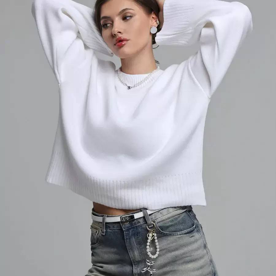 Women’s Relaxed Knit Sweater with Crew Neck, Drop Shoulders & Long Sleeves