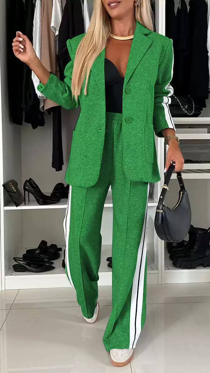 Women’s Tailored Two-Piece Suit Set with Blazer & Contrast Stripe Wide-Leg Trousers