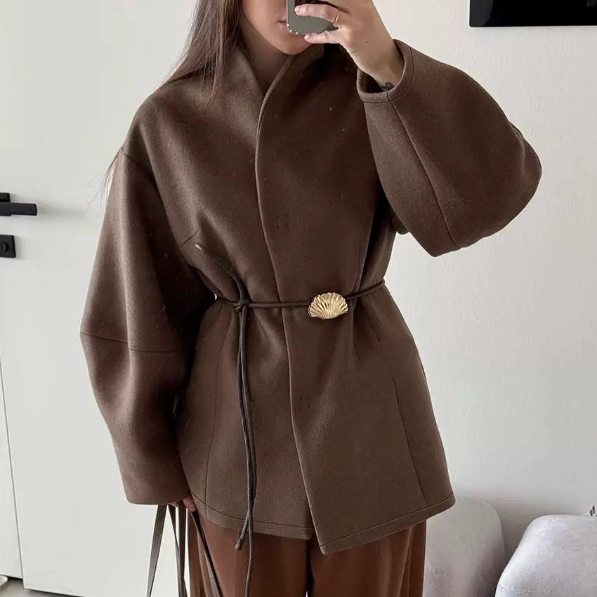 Women’s Draped High-Neck Jacket – Belted Waist Long-Sleeve