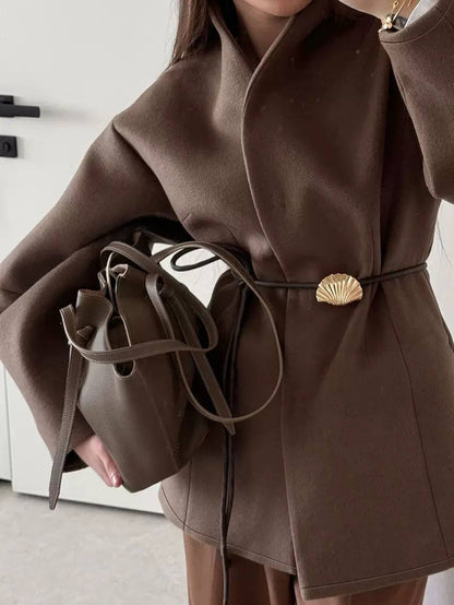 Women’s Draped High-Neck Jacket – Belted Waist Long-Sleeve