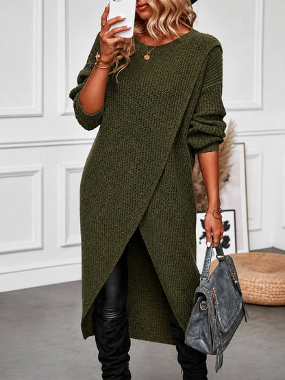 Women’s Longline Wrap-Front Knit Sweater Dress with Asymmetric Hem
