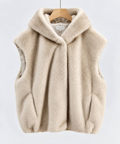 Women's Plush Hooded Sleeveless Vest with Pockets