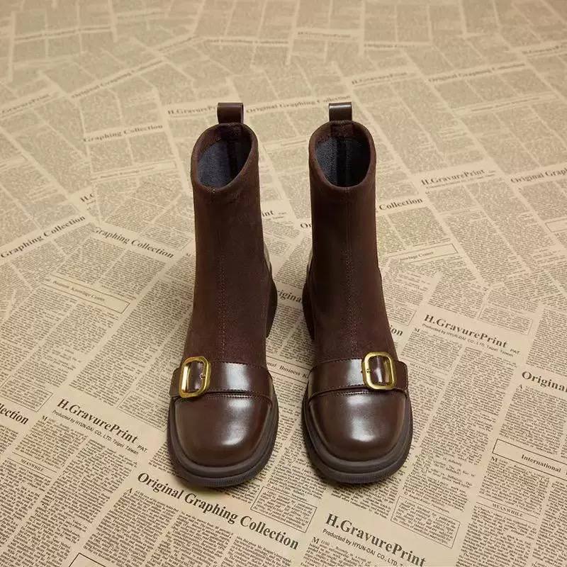 Women's Buckle-Detail Sock-Shaft Block-Heel Boots