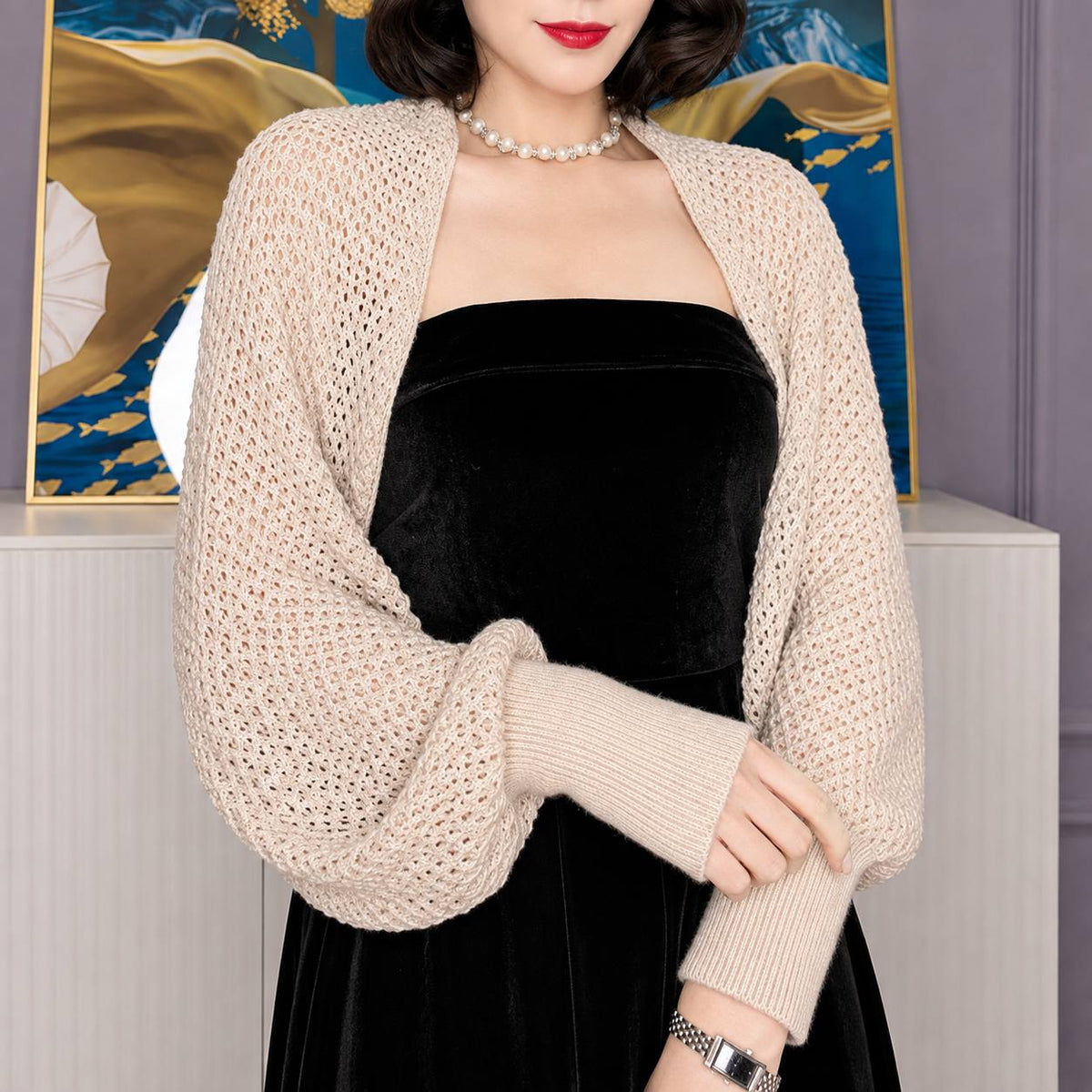 Women's Open-Knit Balloon-Sleeve Shrug Cardigan – Beige
