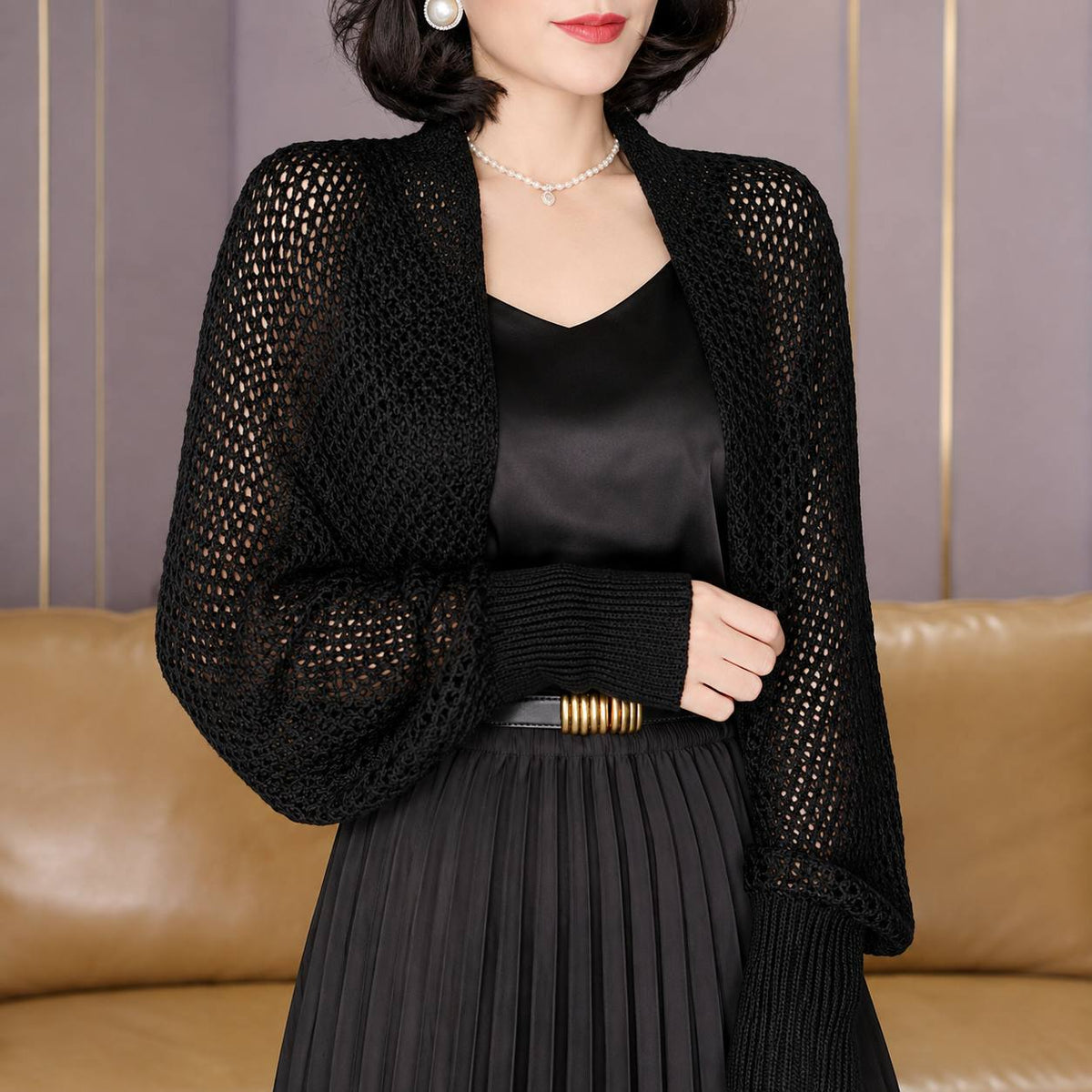 Women's Open-Knit Balloon-Sleeve Shrug Cardigan – Black
