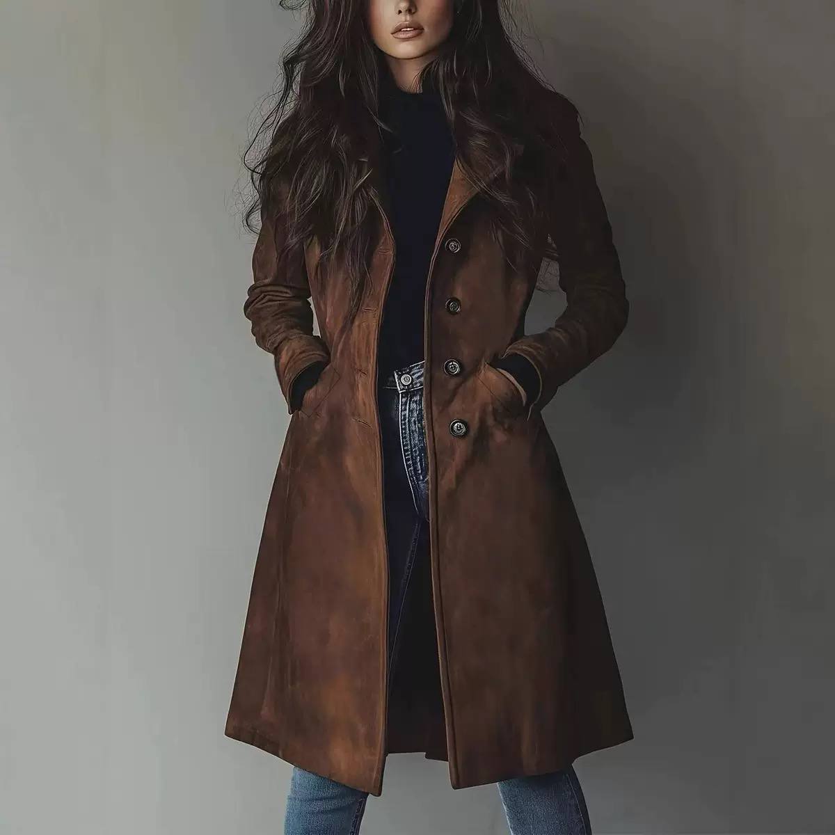 Women's Longline Button-Front Tailored Coat – Dark Brown