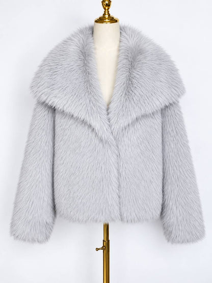 Women's Plush Wide-Collar Short Jacket – Silver