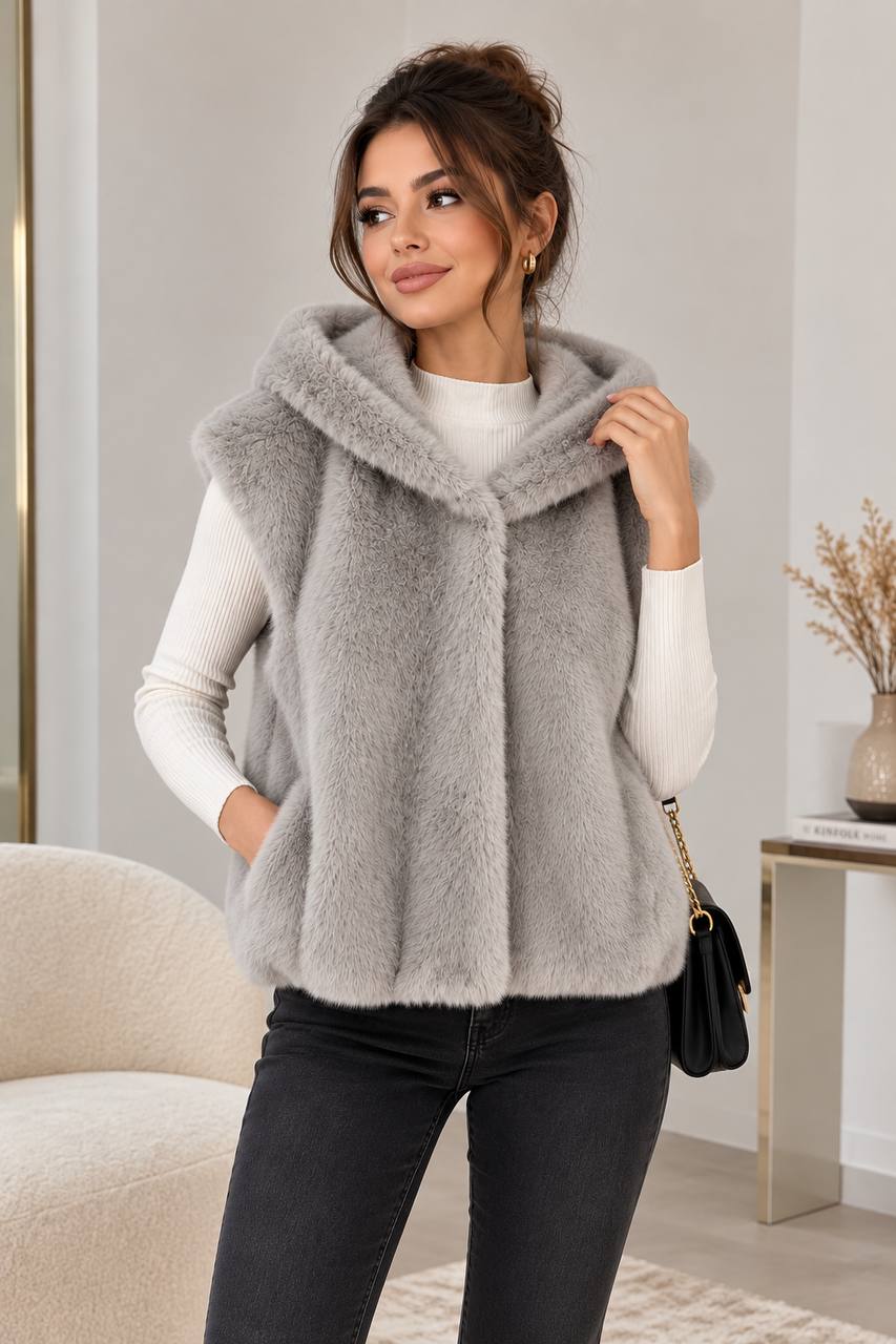 Women's Plush Hooded Sleeveless Vest with Pockets – White